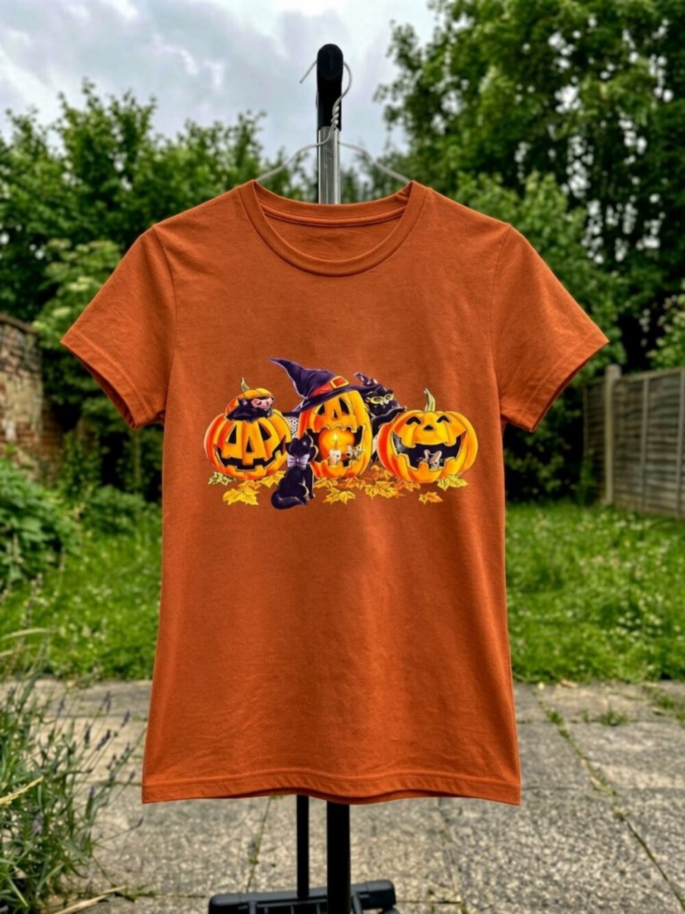 Halloween Pumpkins Witch Cat Autumn Graphic T-Shirt Gildan Women Tee